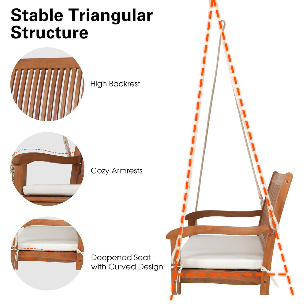 2-person hanging porch swing bench with solid wood frame, high backrest, and cozy armrests for outdoor relaxation.