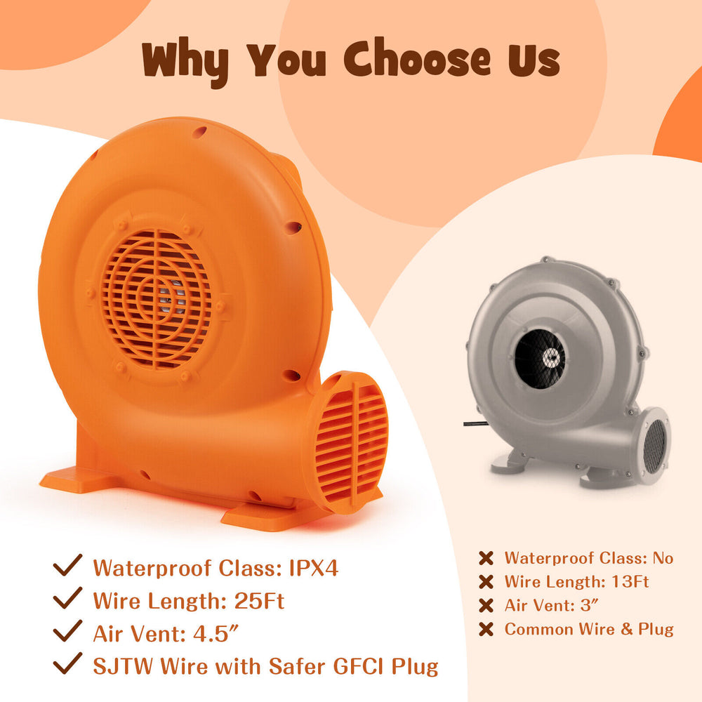 380W air blower with 25ft GFCI wire, IPX4 waterproof, and wide air vent for inflating outdoor inflatables safely.
