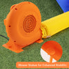 Air blower with orange casing, featuring a strong airflow, GFCI plug, and stakes for stability, ideal for inflatables.