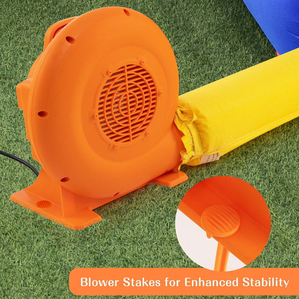 Air blower with orange casing, featuring a strong airflow, GFCI plug, and stakes for stability, ideal for inflatables.