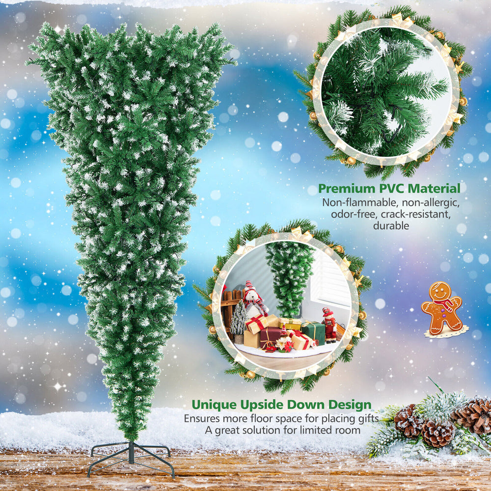 Detail view of the 7.5 ft pre-lit upside down Christmas tree, highlighting the premium PVC material and snowy branch.