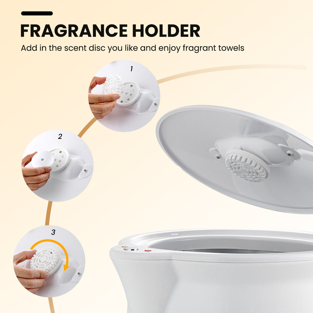Bathroom towel warmer bucket with fragrance holder, auto shut-off, and compact design for warming towels and more.