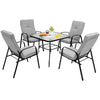 Four stackable patio dining chairs with high-back cushions, ergonomic design, and sturdy steel frame for outdoor use.