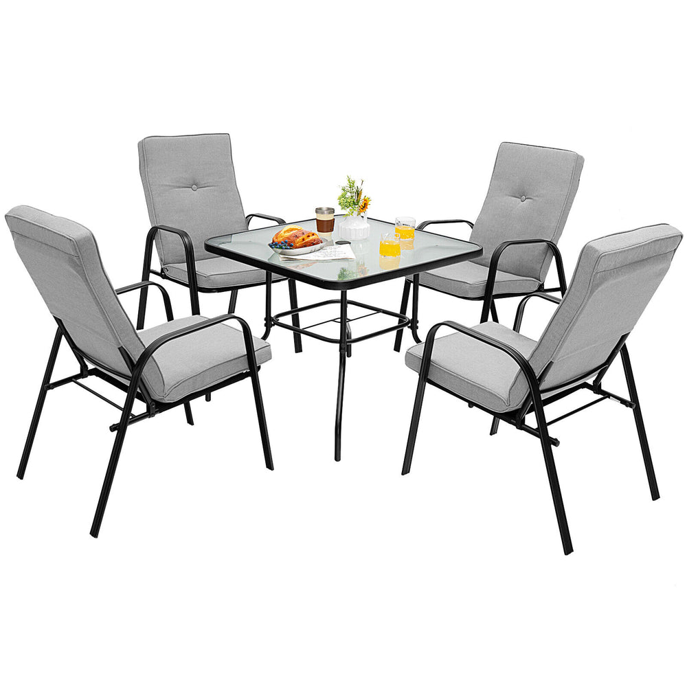 Four stackable patio dining chairs with high-back cushions, ergonomic design, and sturdy steel frame for outdoor use.