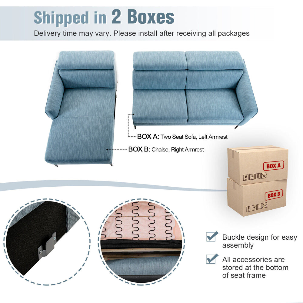 L-shaped blue sofa couch with adjustable headrests, overstuffed cushions, and sturdy metal legs for living room comfort.