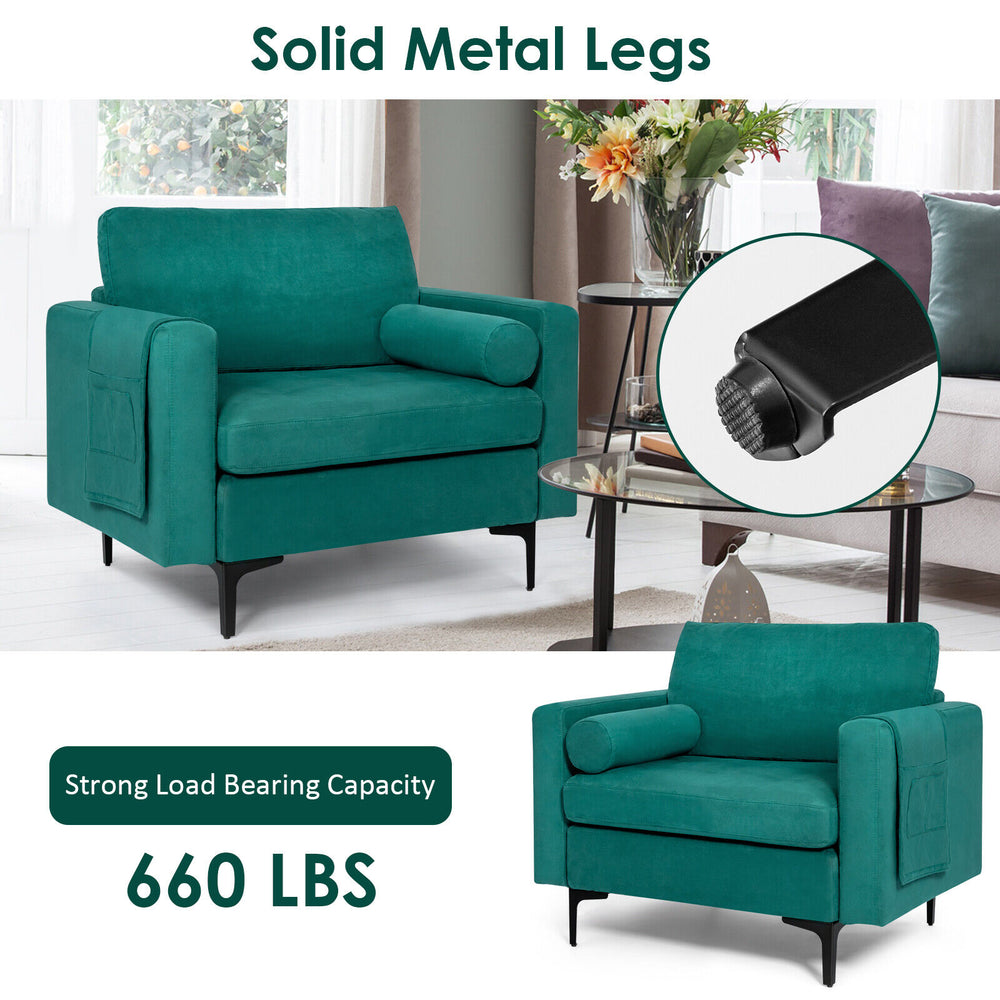 Peacock blue modular sofa with solid metal legs, featuring a side pocket and a strong load capacity of 660 lbs for.