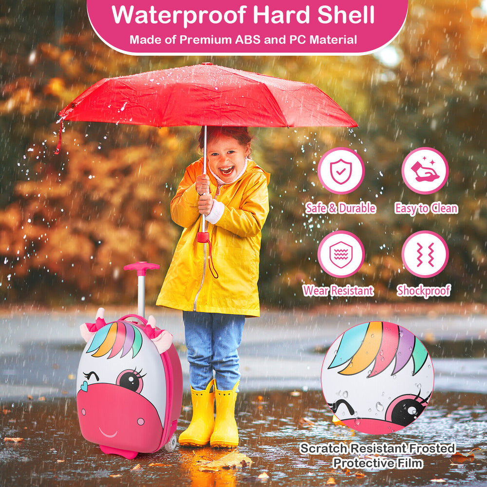 Kids rolling luggage in pink with unicorn design, 16 inches, waterproof ABS material, and flashing wheels for travel.
