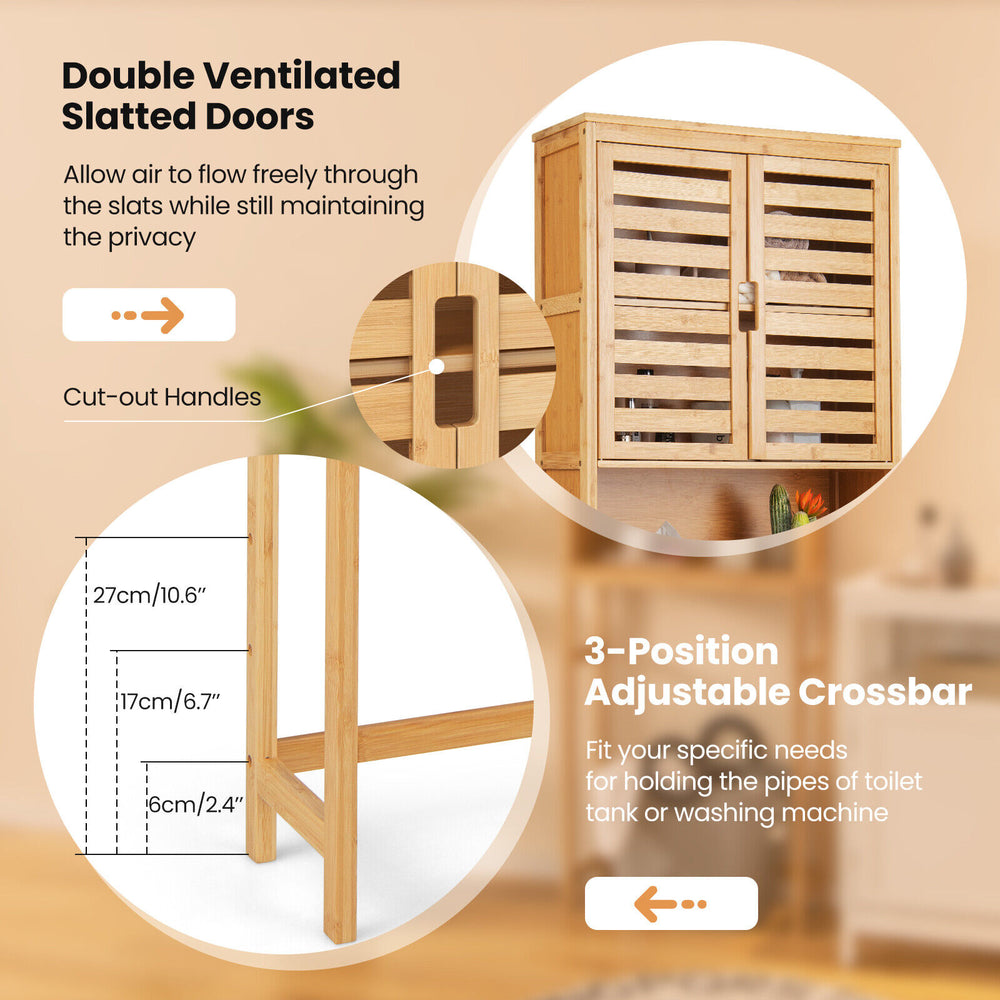 Bamboo over-the-toilet storage cabinet with double ventilated slatted doors and adjustable crossbar for bathroom.