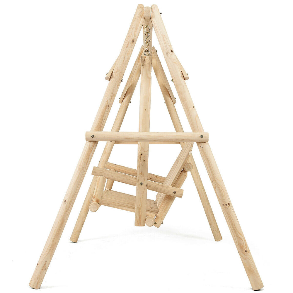 Outdoor wooden swing chair with rustic curved back, made of fir wood, perfect for patio and garden relaxation.