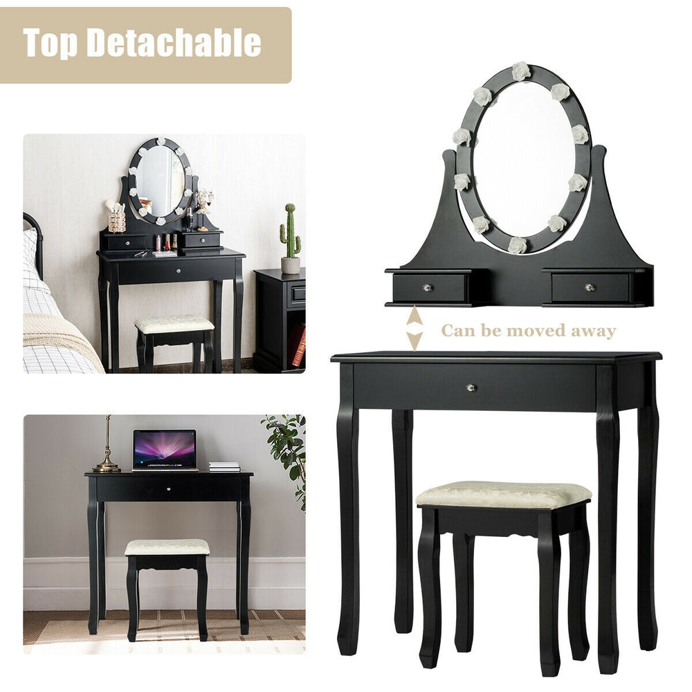 Black vanity dressing table set with 360-degree rotatable mirror, 3 drawers, and cushioned stool for comfortable makeup.