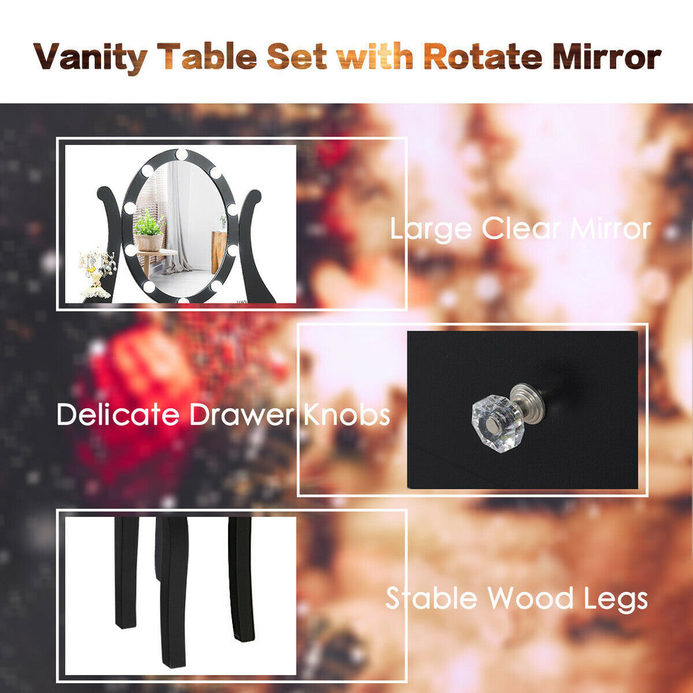 Vanity table set featuring a lighted mirror, cushioned stool, and five drawers for ample storage in black finish.