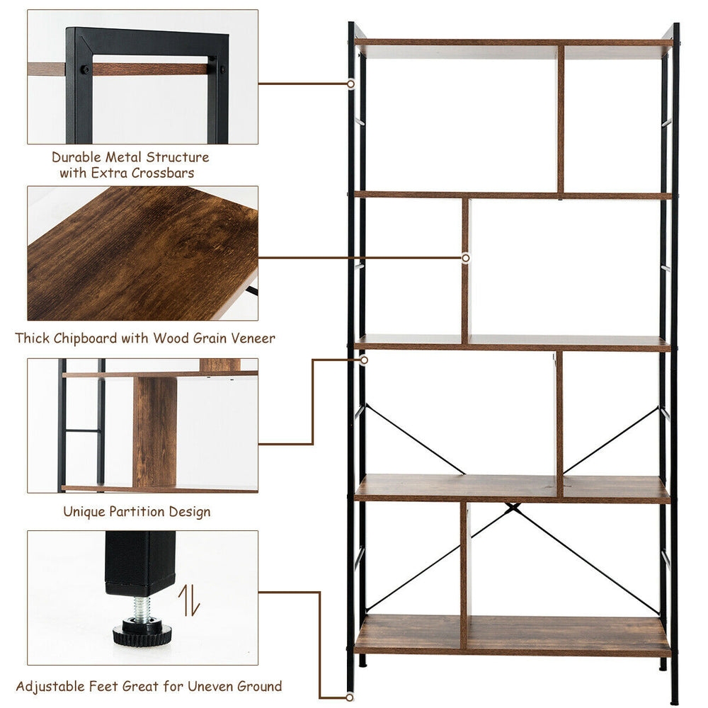 4-tier industrial bookshelf with metal frame and thick chipboard, featuring adjustable feet for stability in any room.