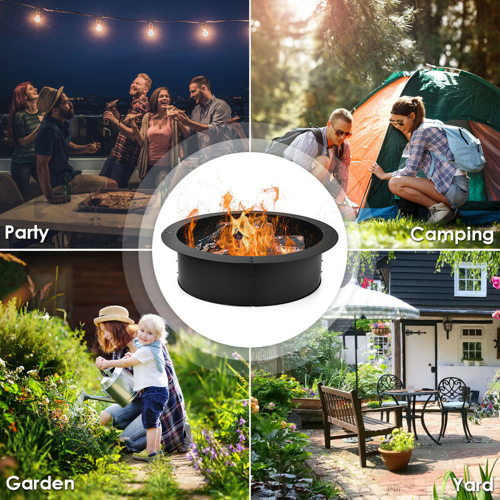 36-inch round steel fire pit ring with a powder-coat surface, ideal for DIY outdoor backyard use and easy assembly.
