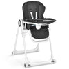 Foldable baby high chair in black with adjustable backrest, removable trays, and lockable wheels for easy feeding.