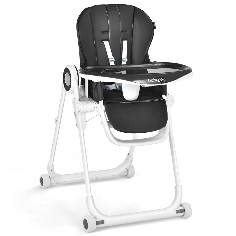 Foldable baby high chair in black with adjustable backrest, removable trays, and lockable wheels for easy feeding.