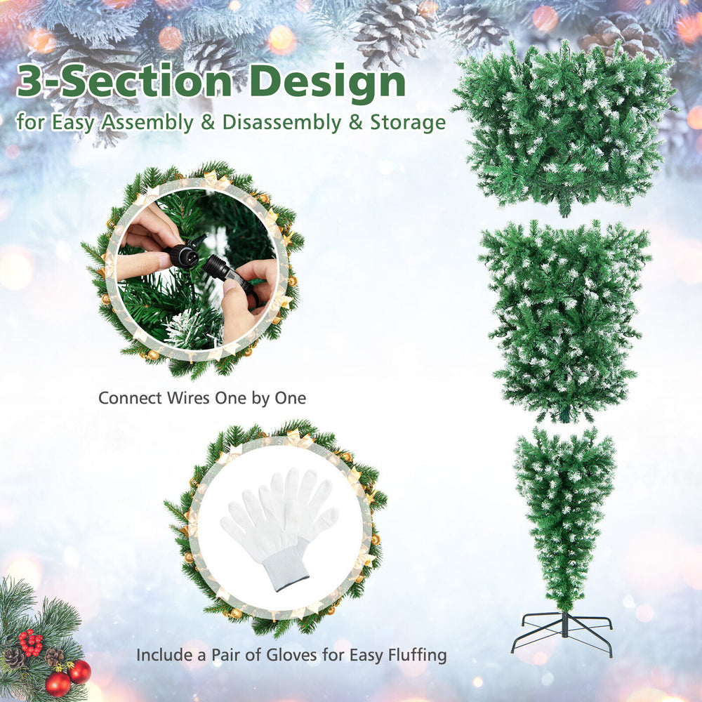 3-section design of the 7.5 ft pre-lit upside down Christmas tree for easy assembly, featuring 1100 snowy branch tips.