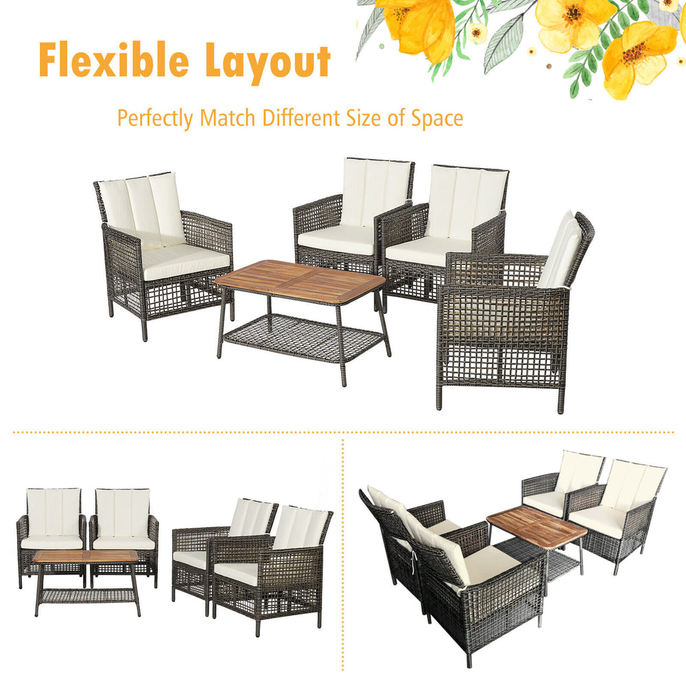 Flexible 5-piece patio rattan furniture set showcasing the cozy armchairs and spacious acacia wood coffee table for.