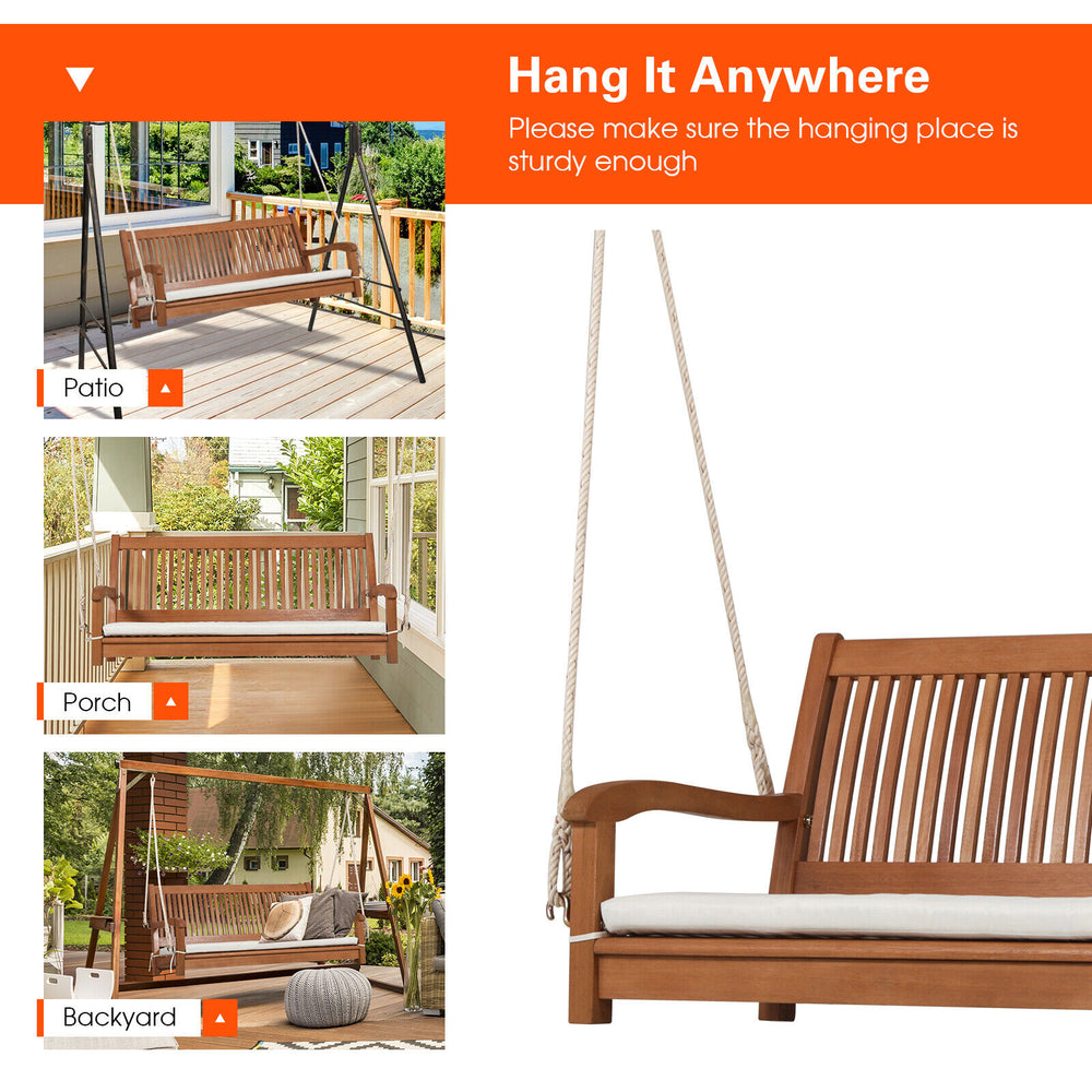 Detailed view of the sturdy hanging ropes on the 2-person porch swing bench, ensuring a safe and adjustable swing.