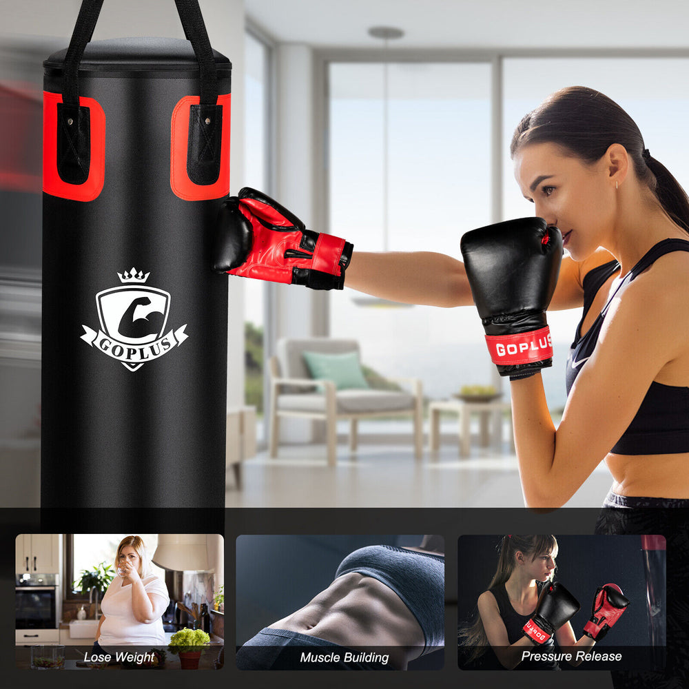 Filled punching bag set with durable PVC leather, designed for shock absorption and perfect for martial arts training.