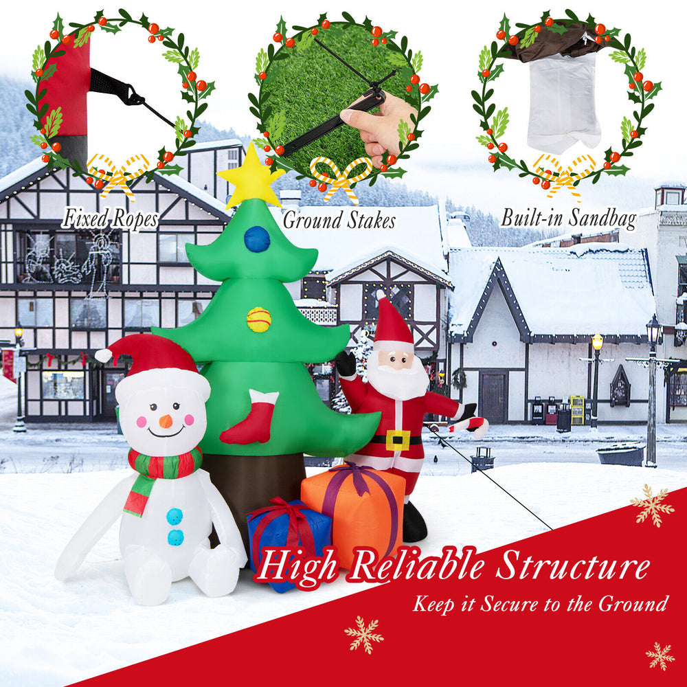 Inflatable 7.2 feet Christmas tree with Santa Claus and snowman, featuring bright LED lights and durable waterproof.