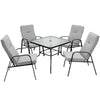 Four stackable patio dining chairs with high-back cushions, ergonomic design, and sturdy steel frame for outdoor.