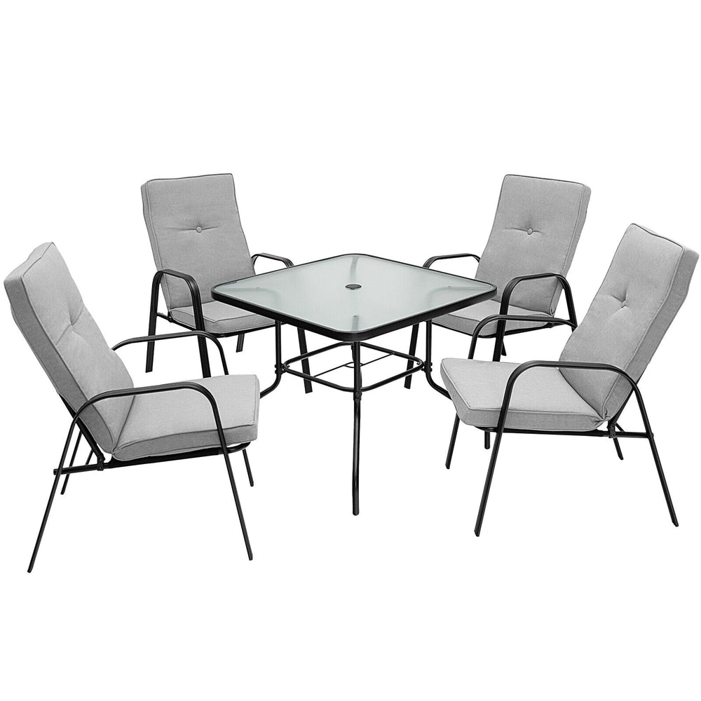 Four stackable patio dining chairs with high-back cushions, ergonomic design, and sturdy steel frame for outdoor.