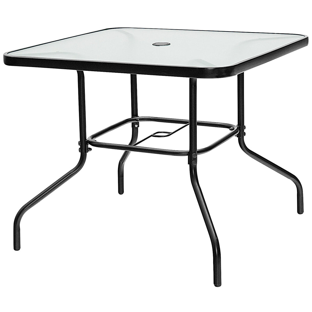 35-inch square patio dining table with tempered glass top, heavy-duty steel frame, and umbrella hole for outdoor.