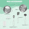 Stainless steel cookware set including pot, skillet, spatula, and serving tools for kids' kitchen playset.