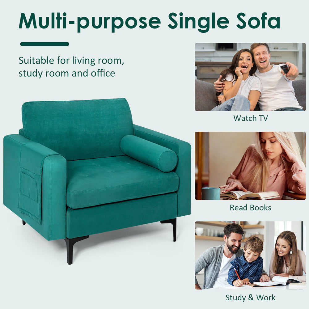 Peacock blue single sofa with side pocket, ideal for living room, study, or office use, featuring soft cushions and.