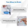 Dehumidifier drainage options showing manual tank emptying and continuous gravity drainage with included hose.