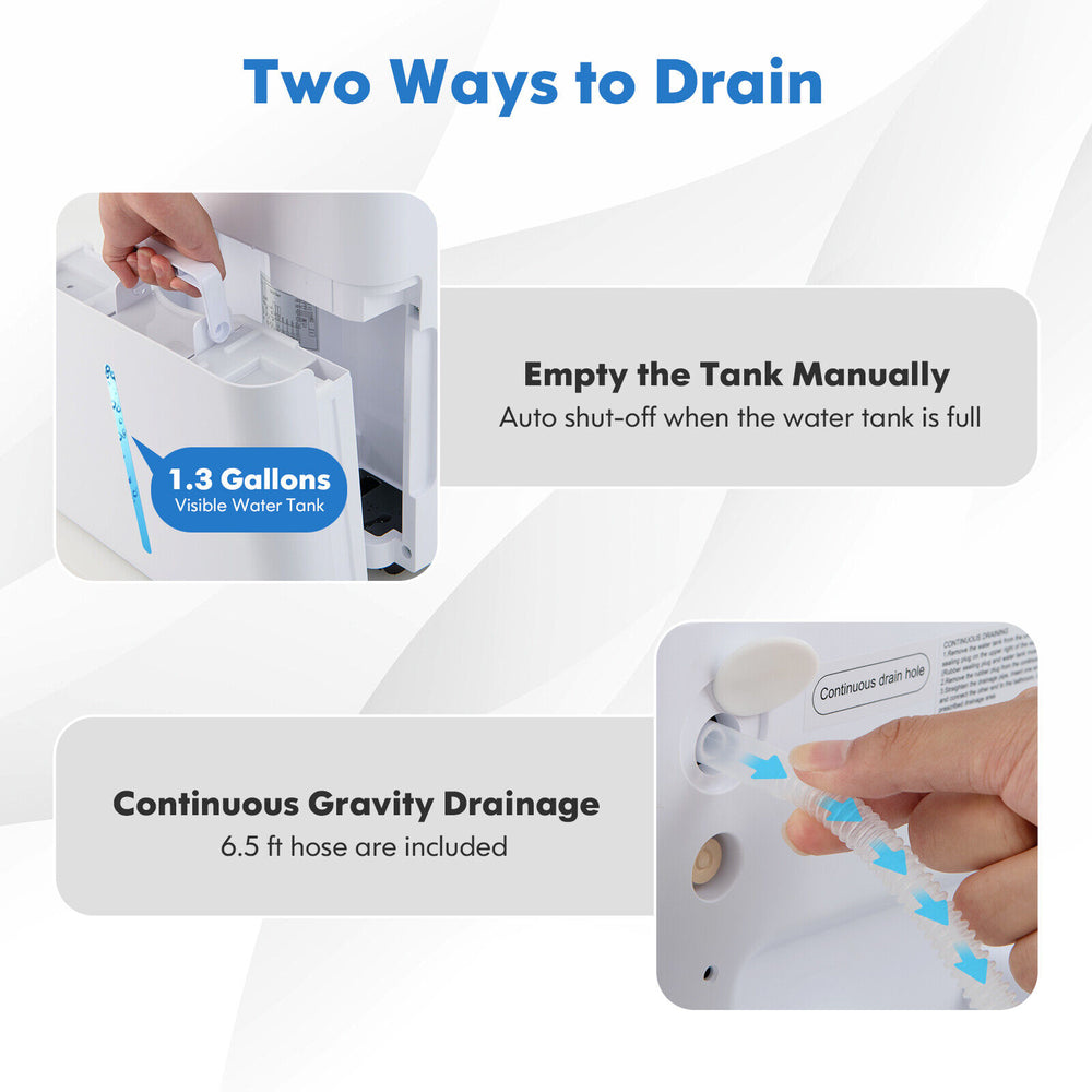 Dehumidifier drainage options showing manual tank emptying and continuous gravity drainage with included hose.
