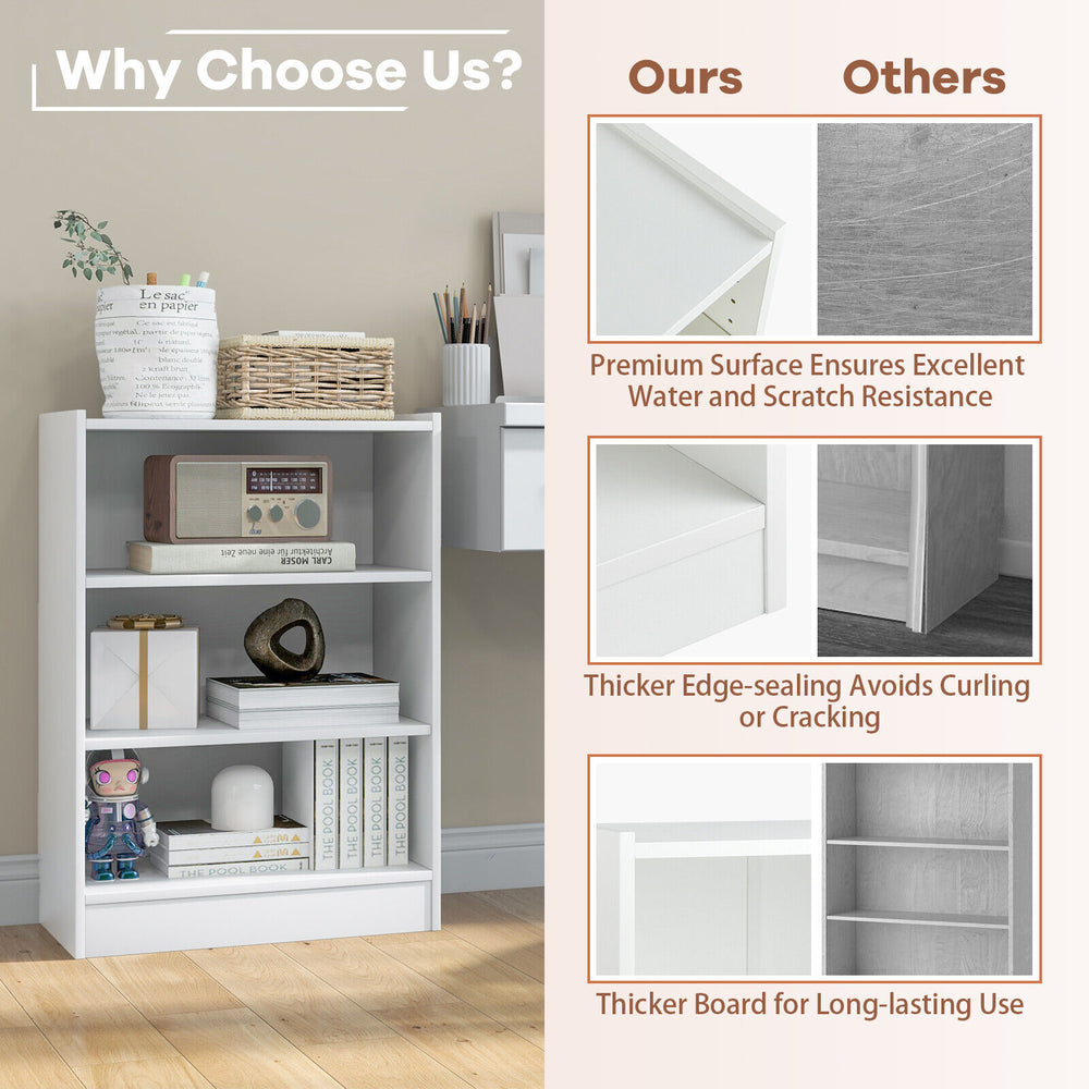 3-tier white bookcase with adjustable shelves and sturdy design, perfect for organizing items in any room.