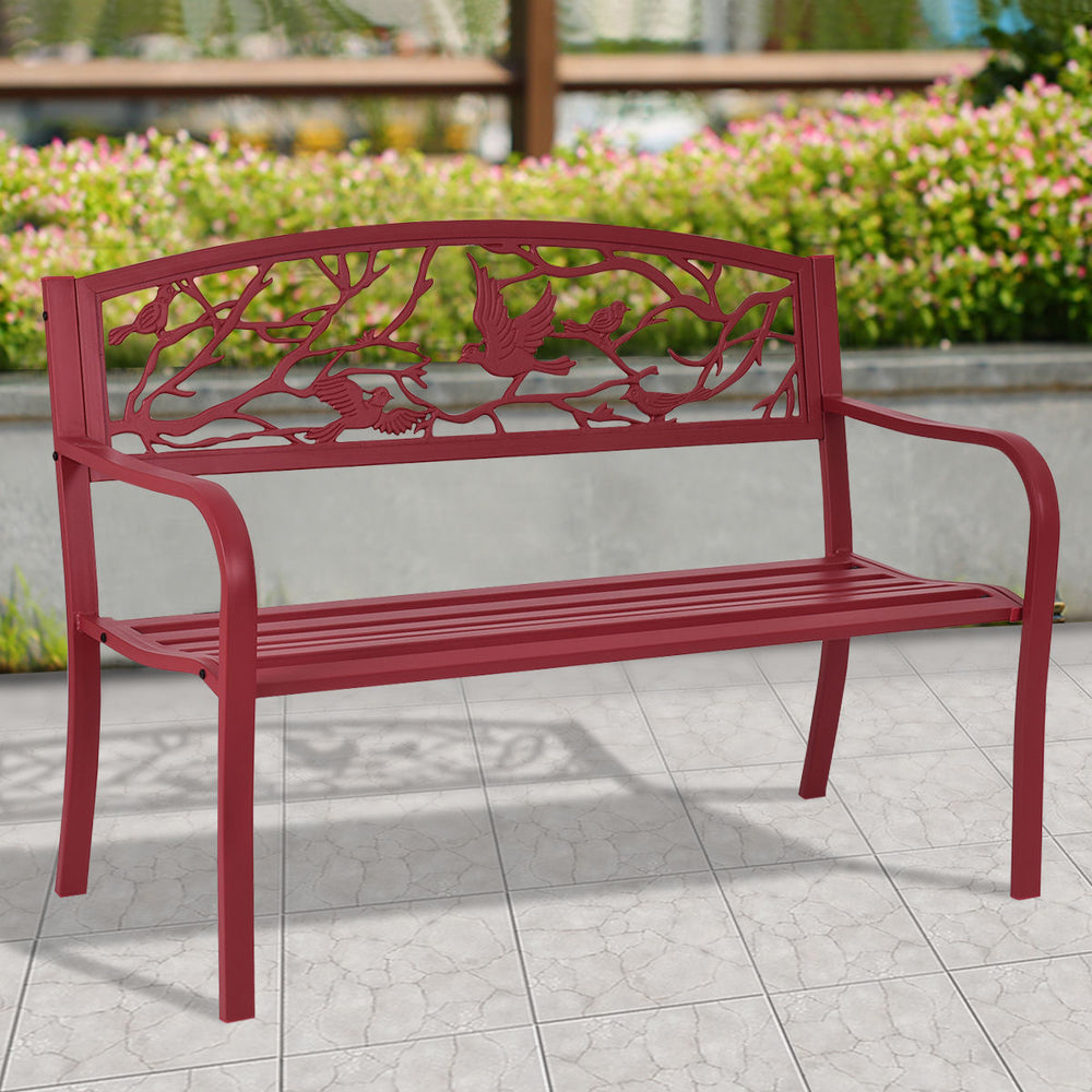 Red patio garden bench with ergonomic design and cast iron back, perfect for outdoor relaxation in any setting.