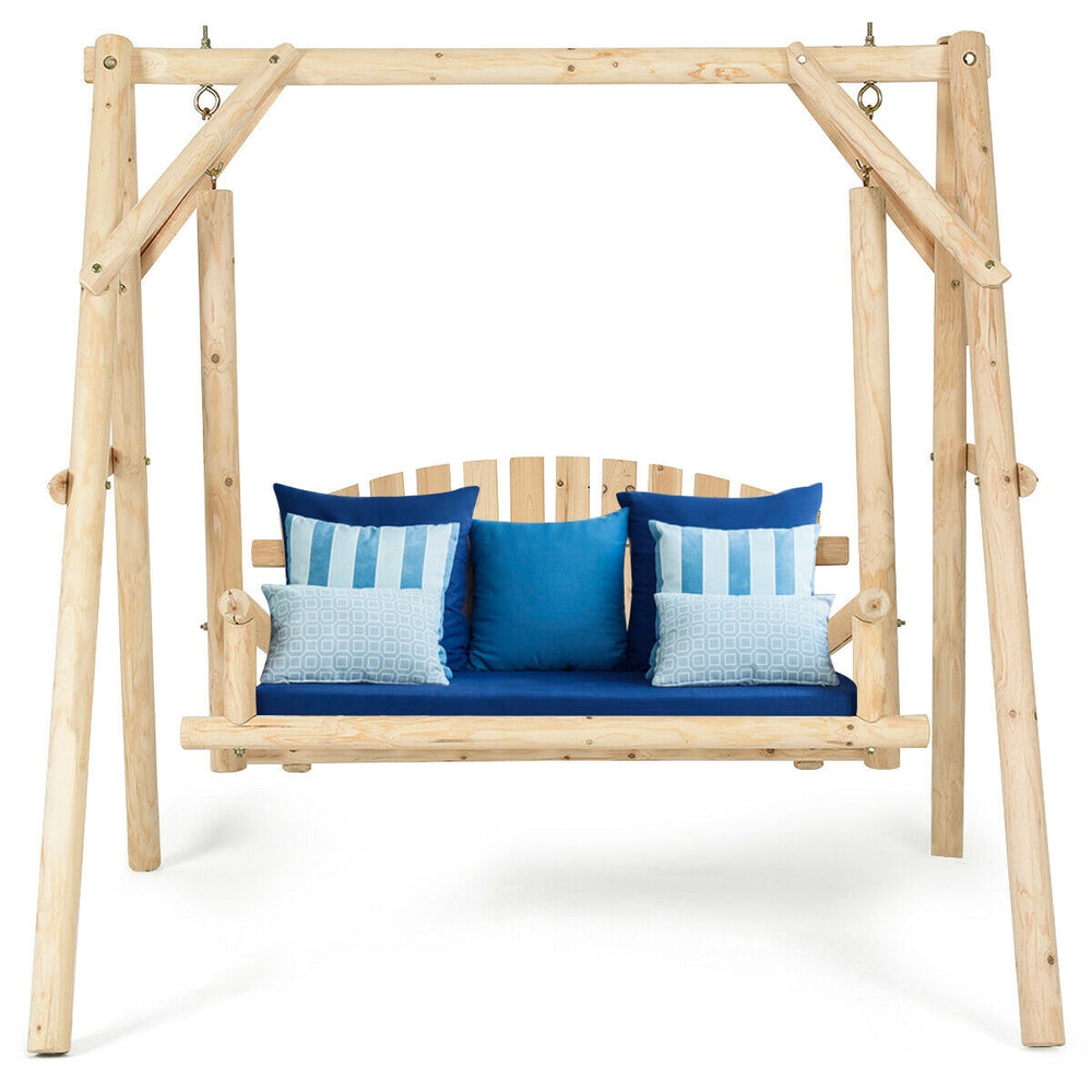 Outdoor wooden porch swing chair with rustic curved back and blue cushions, perfect for patio and garden relaxation.