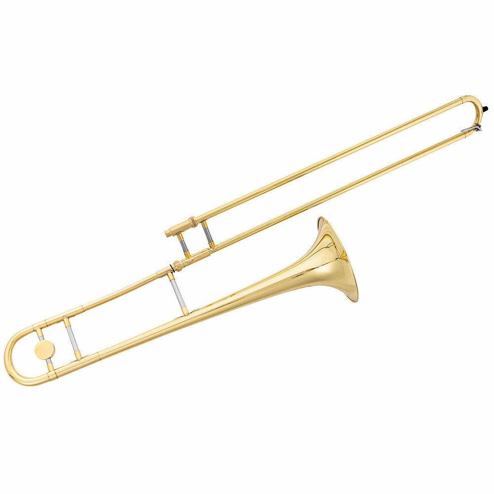 B Flat trombone in golden brass with a lacquer finish, featuring a cupro-nickel mouthpiece, ideal for music enthusiasts.