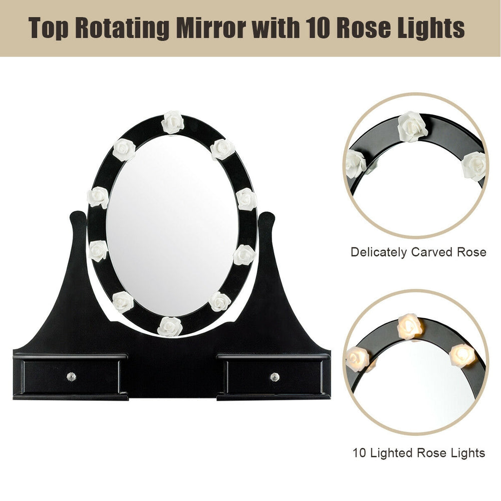 Lighted oval mirror with 10 rose lights and 3 drawers, perfect for a stylish dressing table setup.