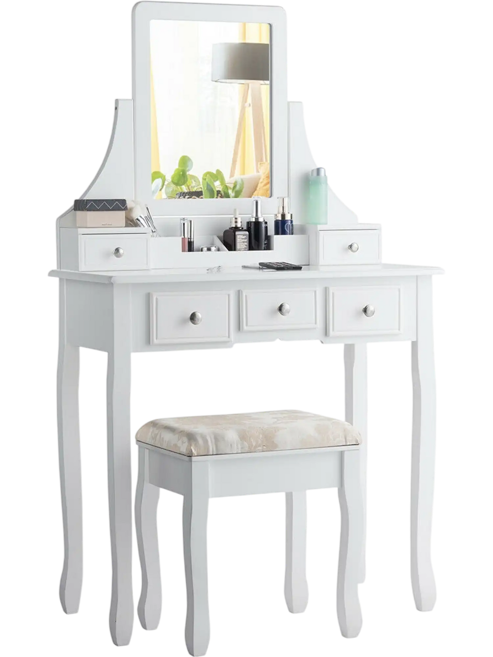 White makeup dressing vanity set with 5 drawers, removable top, and padded stool for a stylish and functional setup.