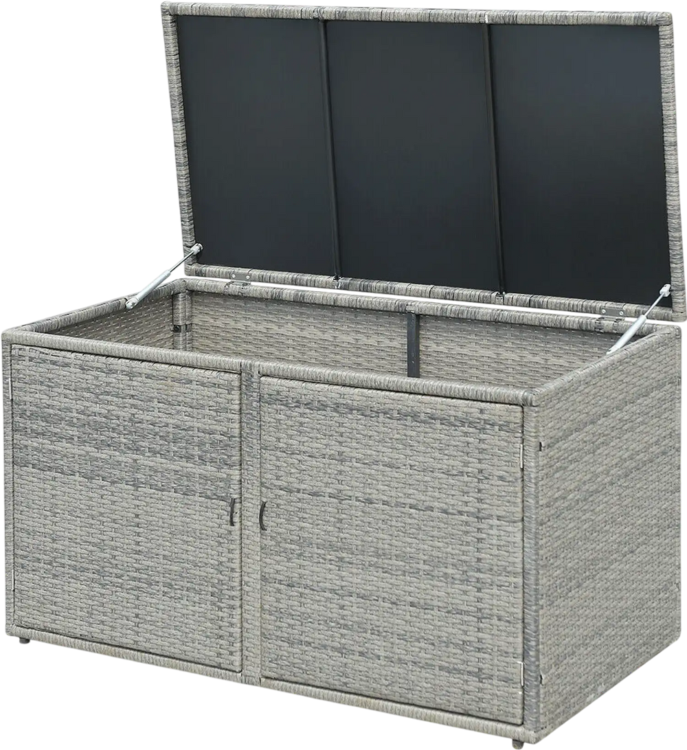 Rattan storage container box with dual openings, 88-gallon capacity, ideal for outdoor patio and garden organization.