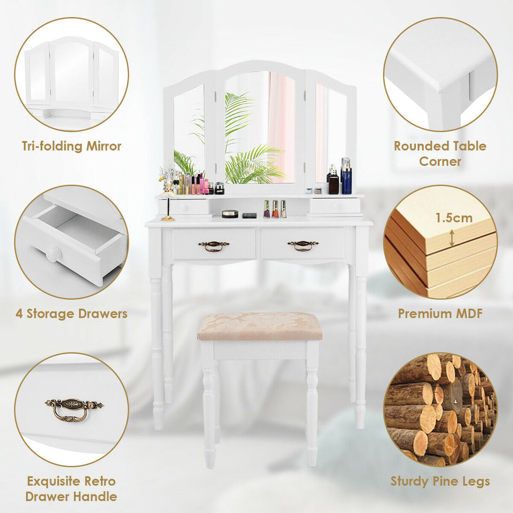 Simple vanity set with tri-fold mirror, four storage drawers, and cushioned stool for bedroom makeup organization.