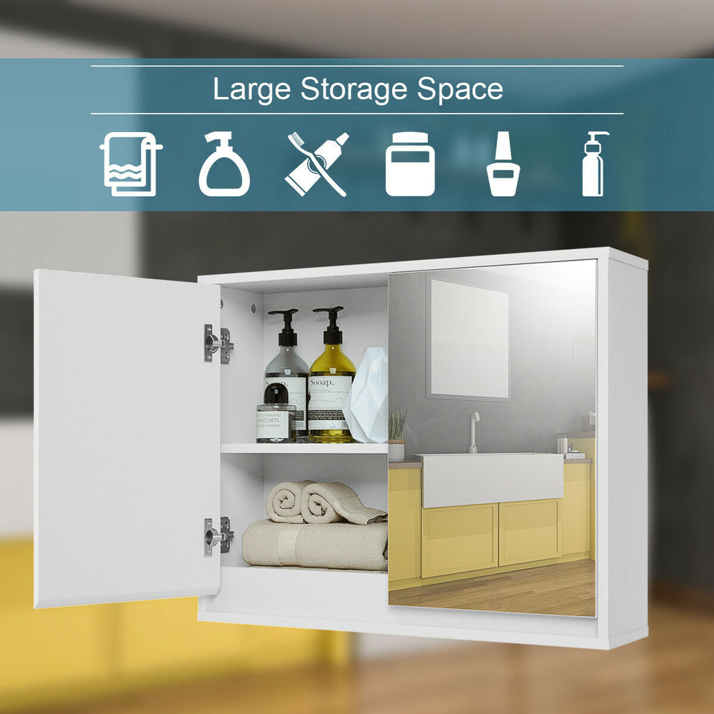 Two-door wall-mounted mirrored medicine cabinet with large storage space for organizing bathroom essentials.