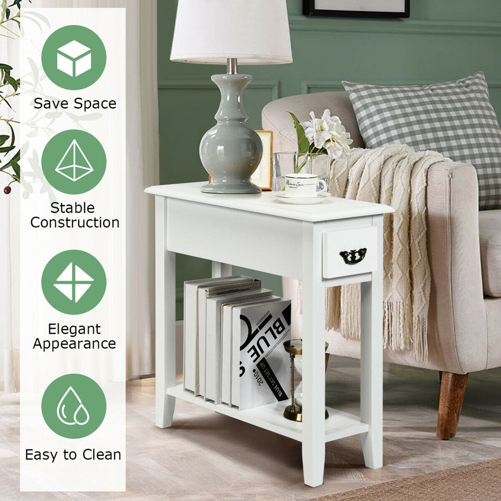 Elegant white end table with a spacious top and open shelf, designed for easy access and storage in tight spaces.