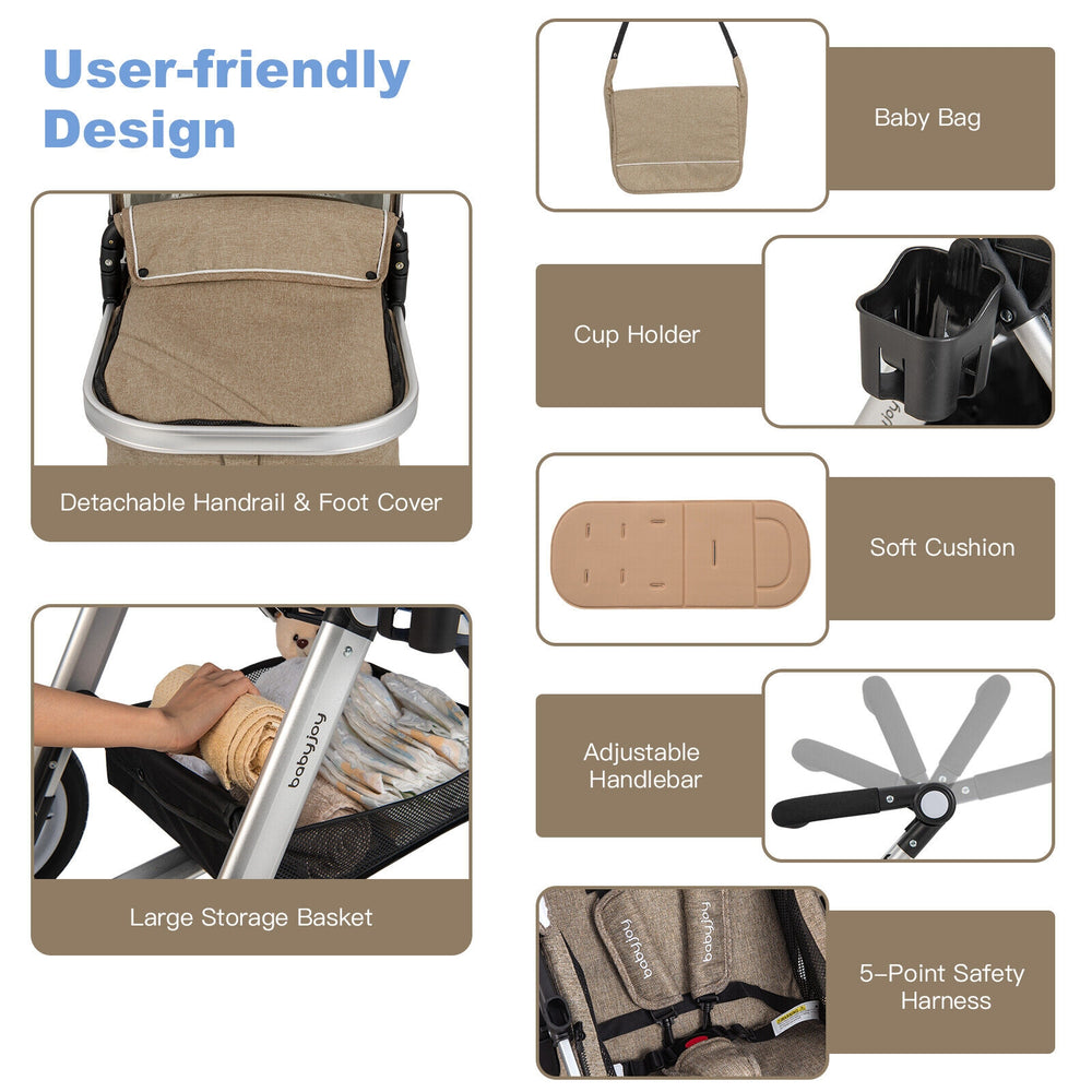 Folding aluminum baby stroller in beige with adjustable handlebar, large storage basket, and 5-point safety harness.
