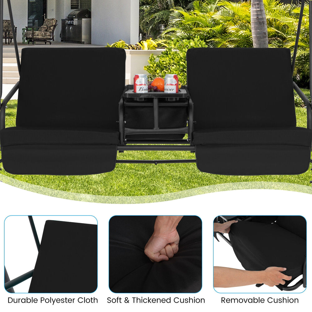 Two-seat porch swing chair in black with adjustable canopy, featuring thick cushions and a convenient middle tray.