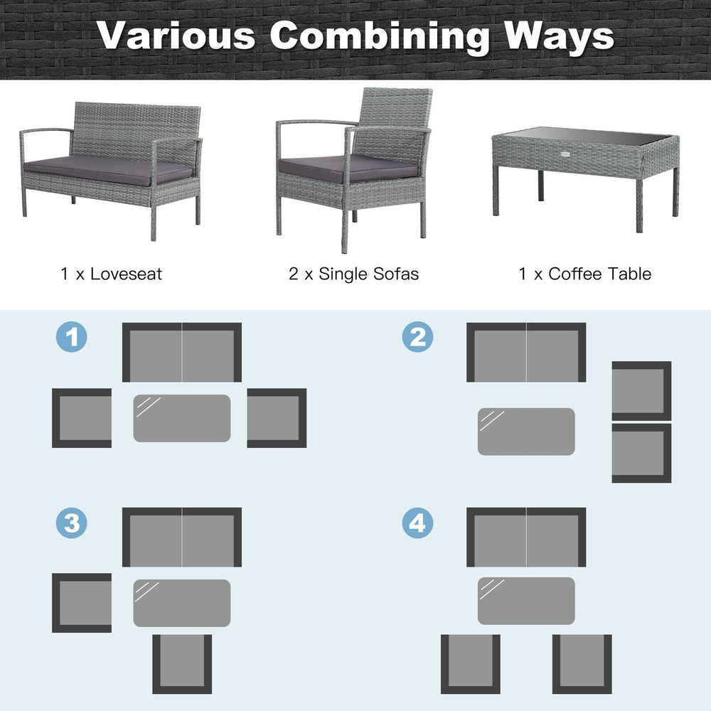 4-piece outdoor rattan conversation set featuring a loveseat, single sofas, and coffee table for versatile backyard.