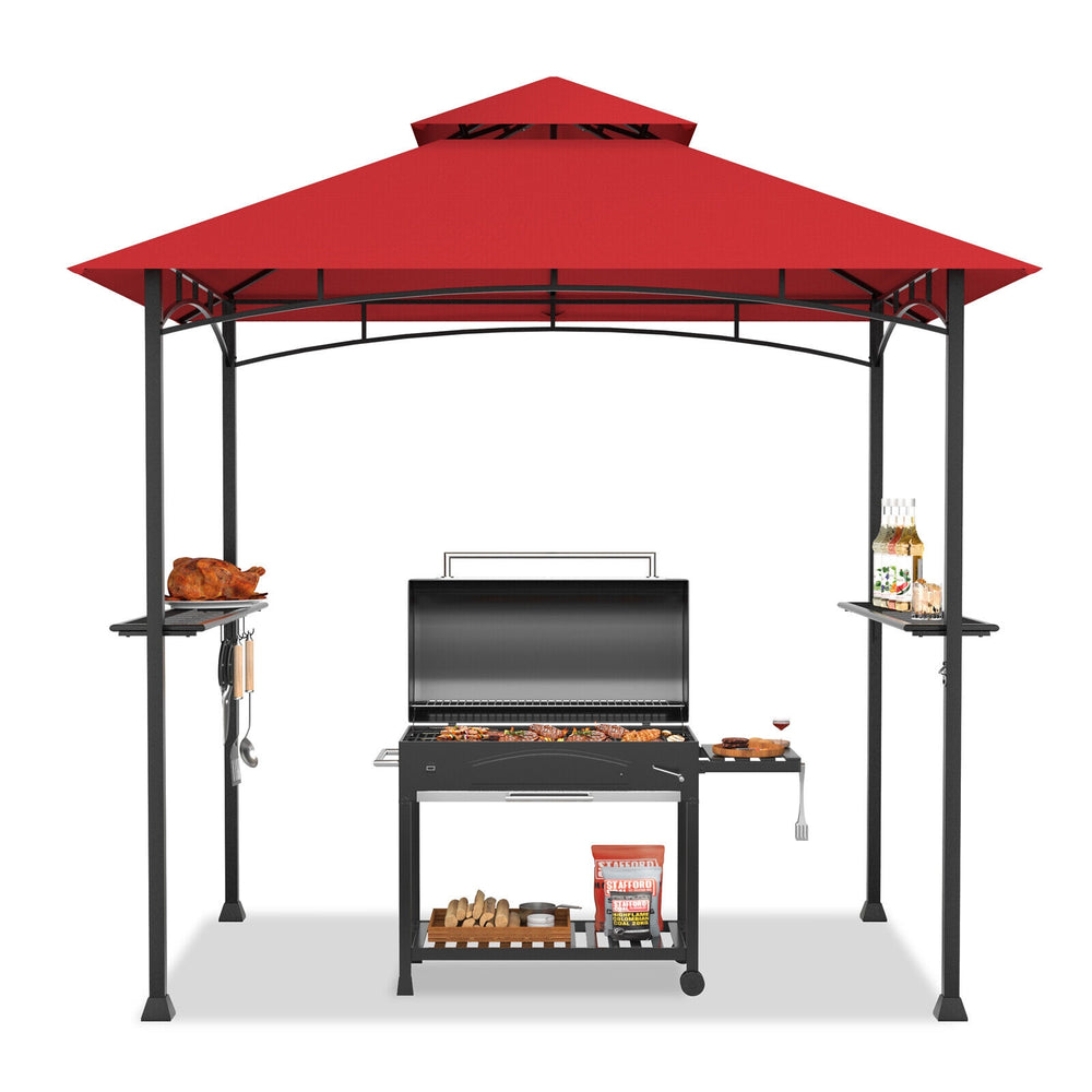 Outdoor barbecue grill gazebo with double roof, 360-degree ventilation, and two metal shelves for convenience.