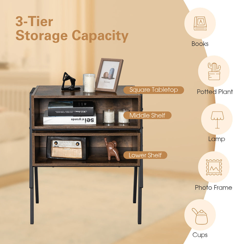 Stackable nightstand shelf with metal frame, spacious tabletop, and three tiers for books, cups, and decor in retro.