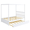 Full size white canopy bed frame with trundle, solid wood construction, designed for kids' bedrooms, no box spring.
