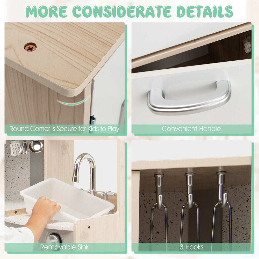 Detailed view of the Kids Corner Wooden Kitchen Playset with removable sink, hooks, and convenient handle for storage.