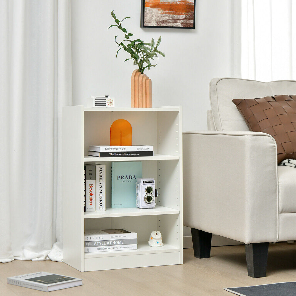 3-tier white bookcase with adjustable shelves, minimalist design, perfect for organizing living room or bedroom.