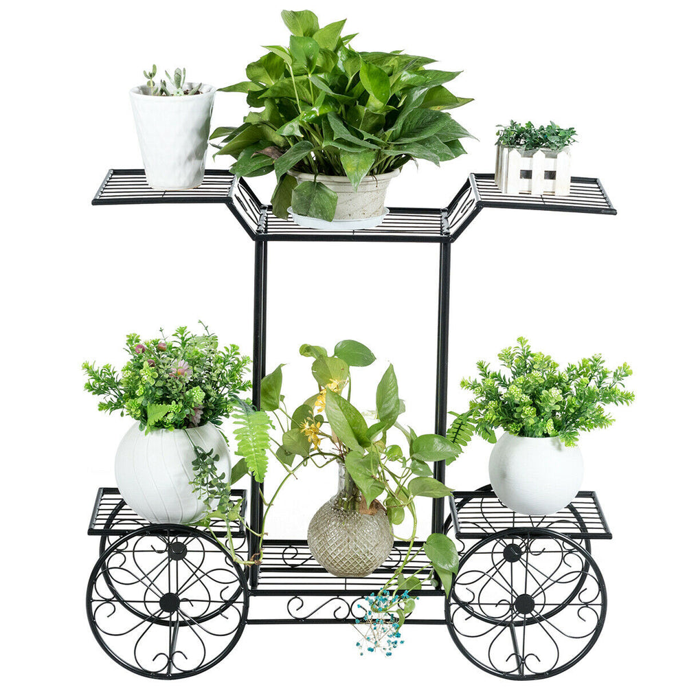 6-tier garden cart flower rack in black, showcasing multiple potted plants for indoor or outdoor decor.